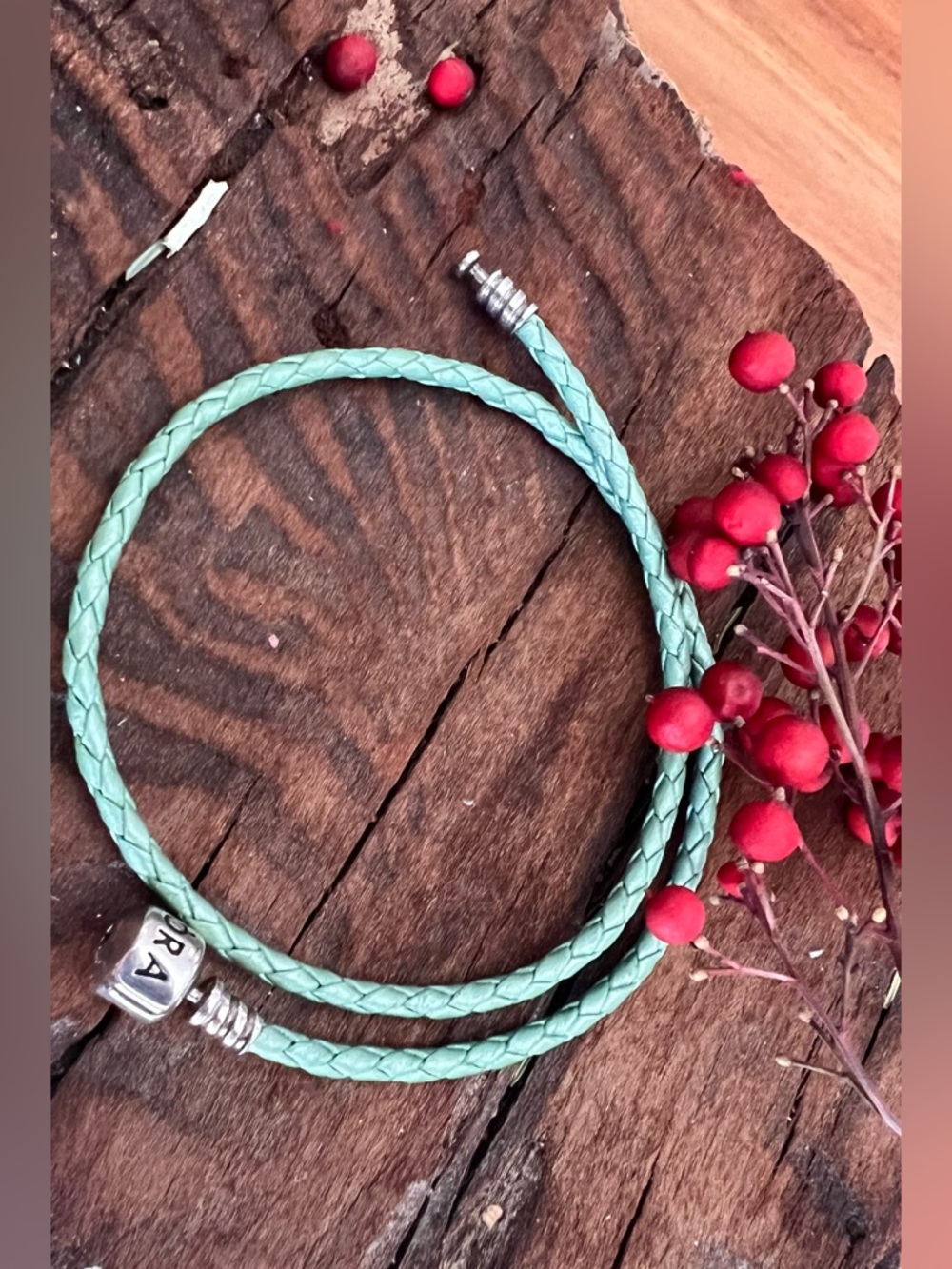 Rare Authentic Pandora Light Green Double Wrap Leather Braided Bracelet Barrel